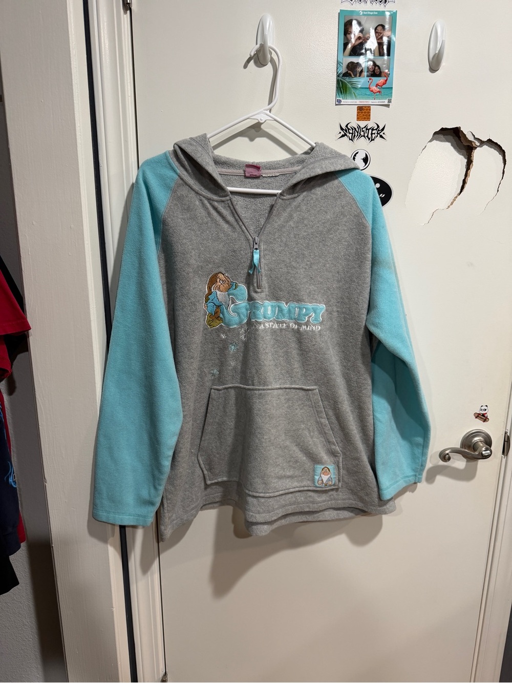 Vintage 90s Disney Grumpy Quarter Zip Fleece Hoodie Embroidered Spell Out Size L